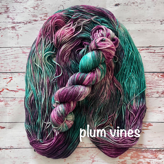 Hand Dyed 100% Superwash Merino Yarn - Plum Vines - Sport, DK, Worsted