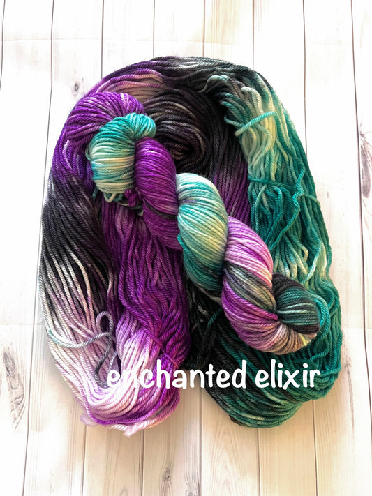 Hand Dyed 100% Superwash Merino Yarn - Enchanted Elixir - Sport, DK, Worsted