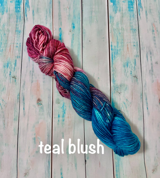 Hand Dyed 100% Superwash Merino Yarn - Teal Blush - Sport, DK, Worsted